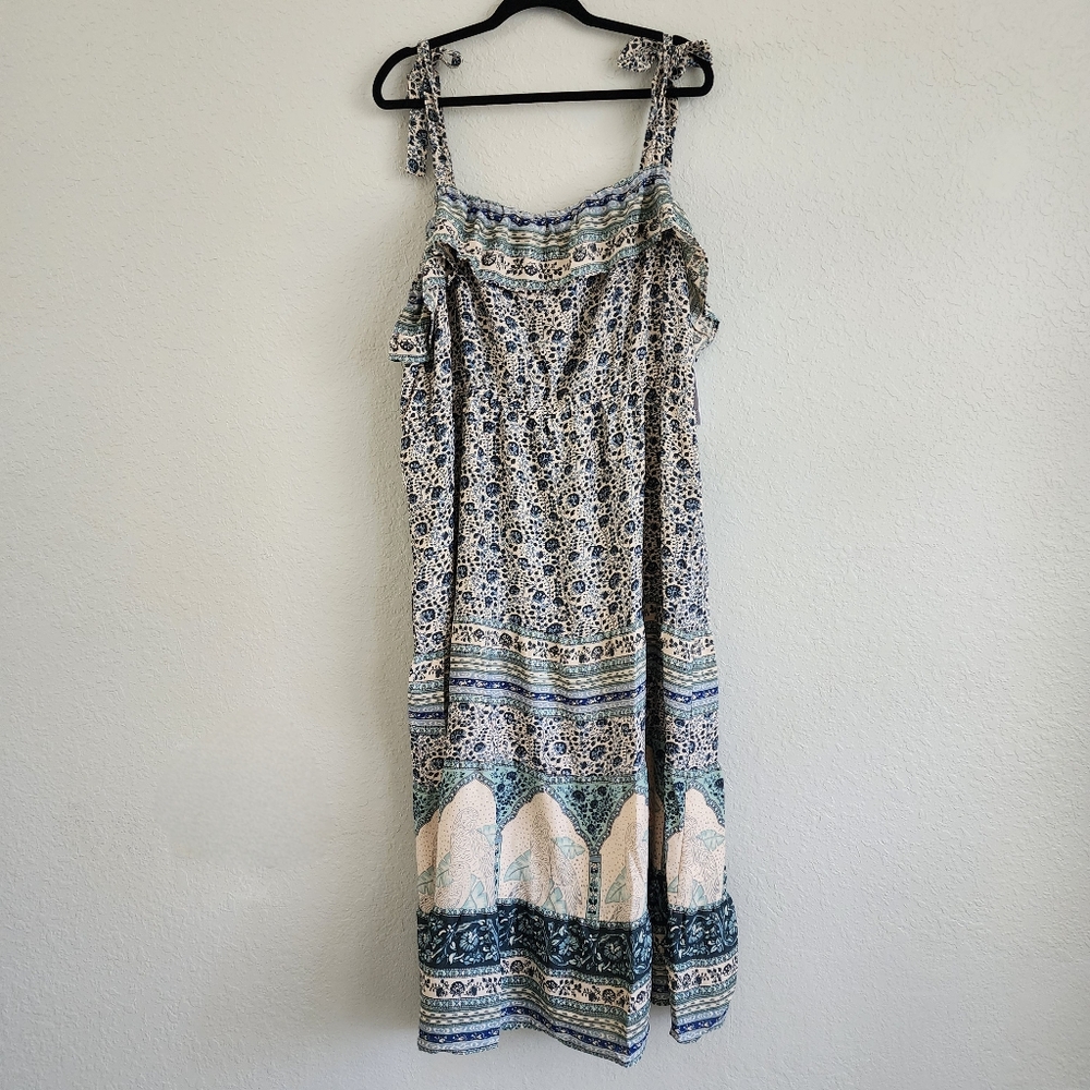 DEX BOHO BLUE GREEN CREAM RUFFLED NECKLINE MIDI DRESS TIE STRAPS SIZE 3X NWT